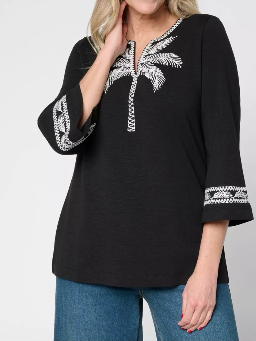 Belle Beach by Kim Gravel Plus Slub Knit Palm Embroidered Tunic Black 1X